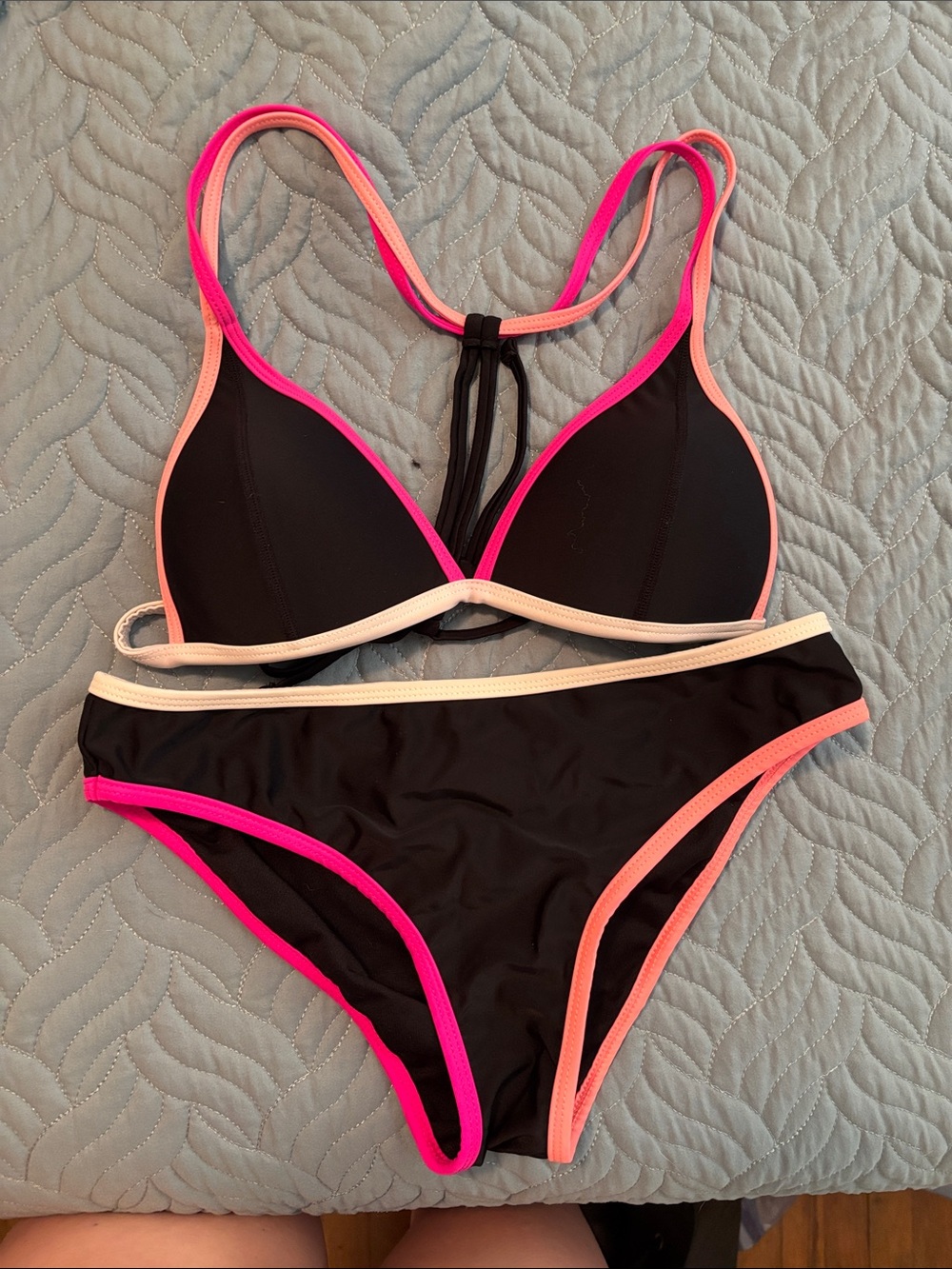 Black Bikini Set with Pink and Peach Trim - Women Swim